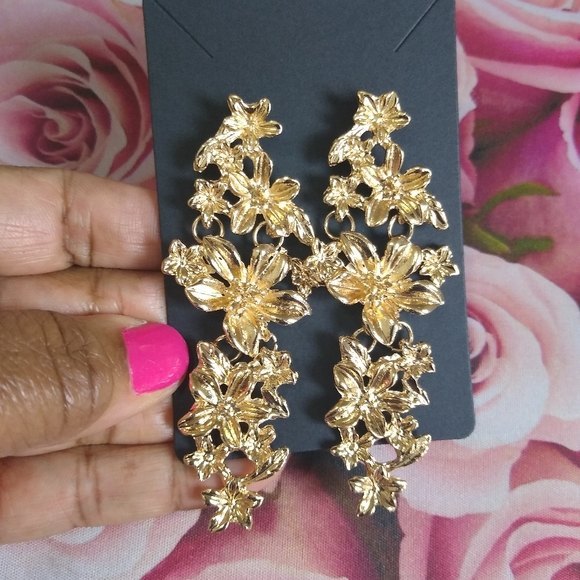 Gold Post Back Exaggerated Cascading Magnolias Drop Statement Earrings - Picture 7 of 9